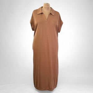 CES FEMME Solid Collared Mocha Midi Dress with Side Pockets, NWOT! Size 3XL
